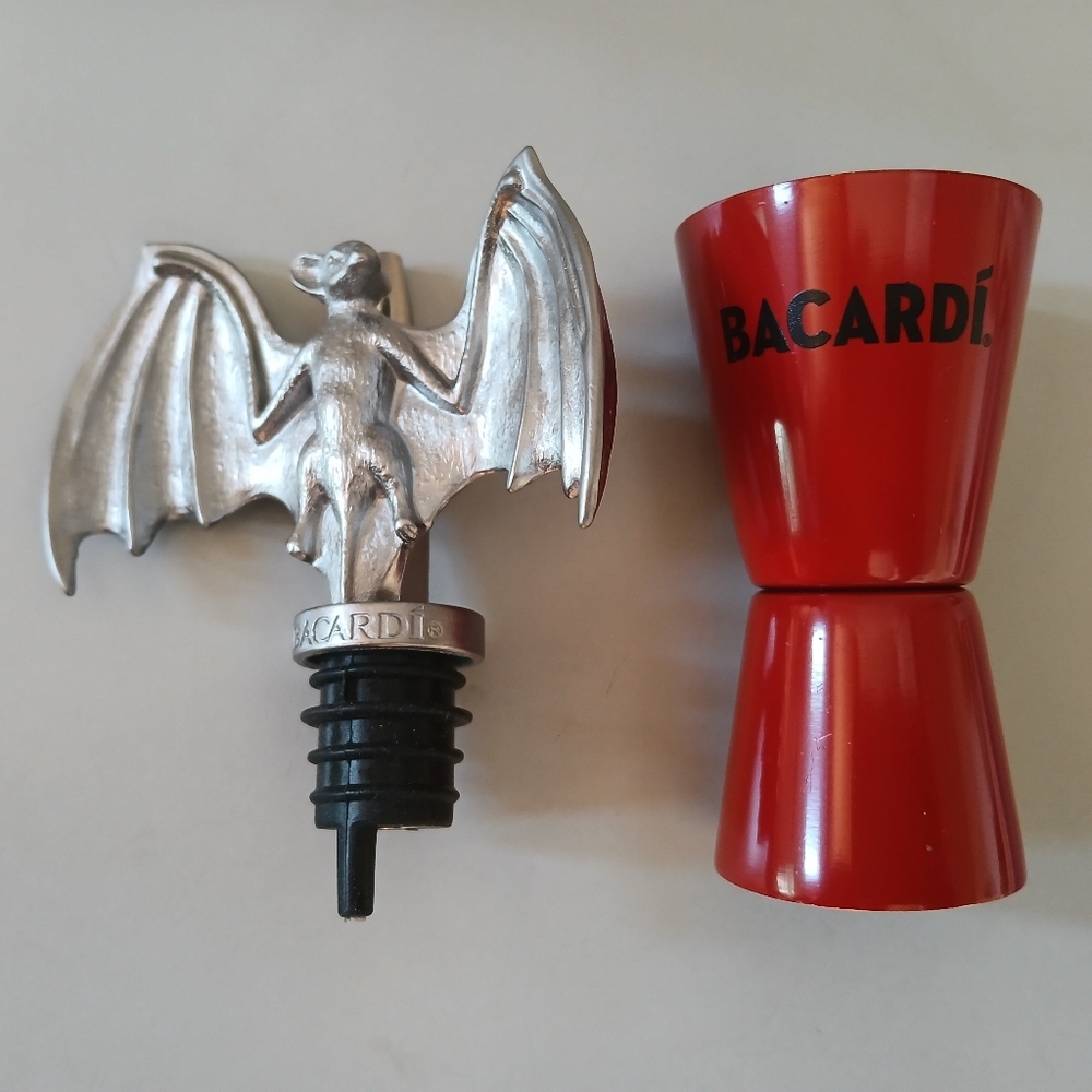 Bacardi Rum Metal Bat Liquor Pourer Dispenser Spout + Metal Measuring Shot Glass